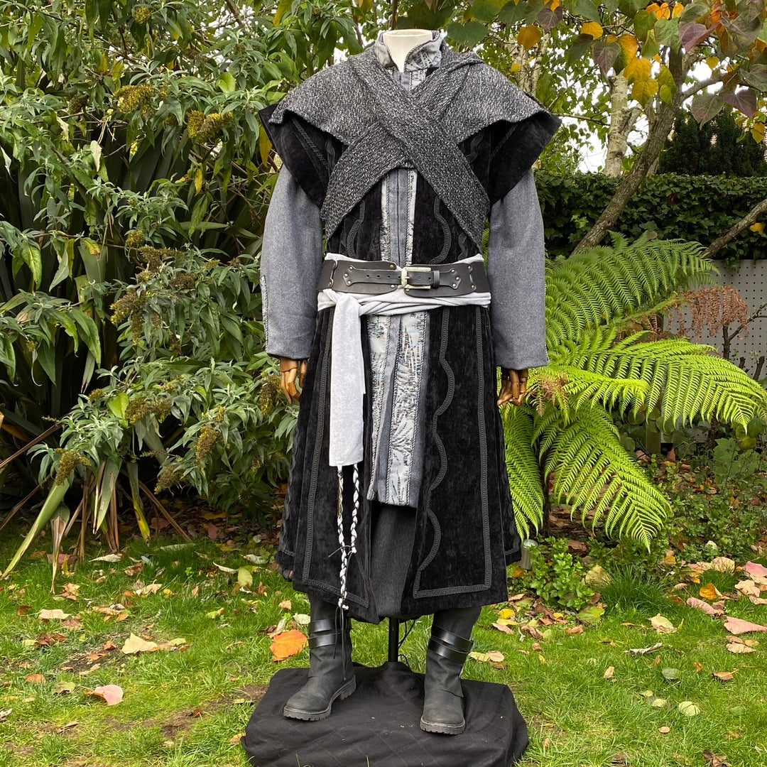 LARP Belt and Sash Set with Accessories - Light Grey Wool - Black Buffalo Leather - Gift Ideas - Chows Emporium Ltd