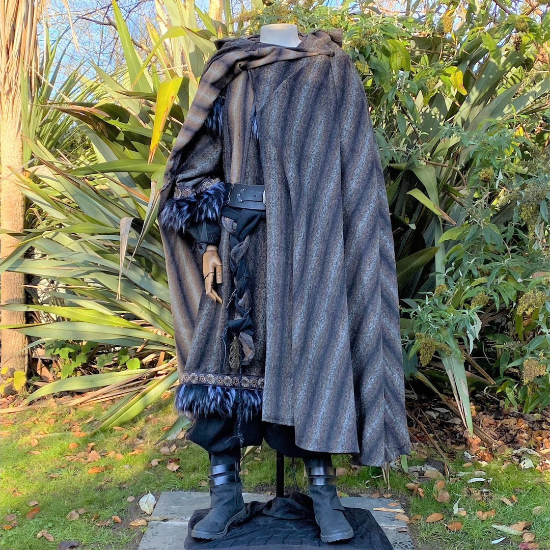 Front view of blue and grey striped wool LARP cloak with hood, medieval fantasy cosplay costume for Renaissance Faires and events.