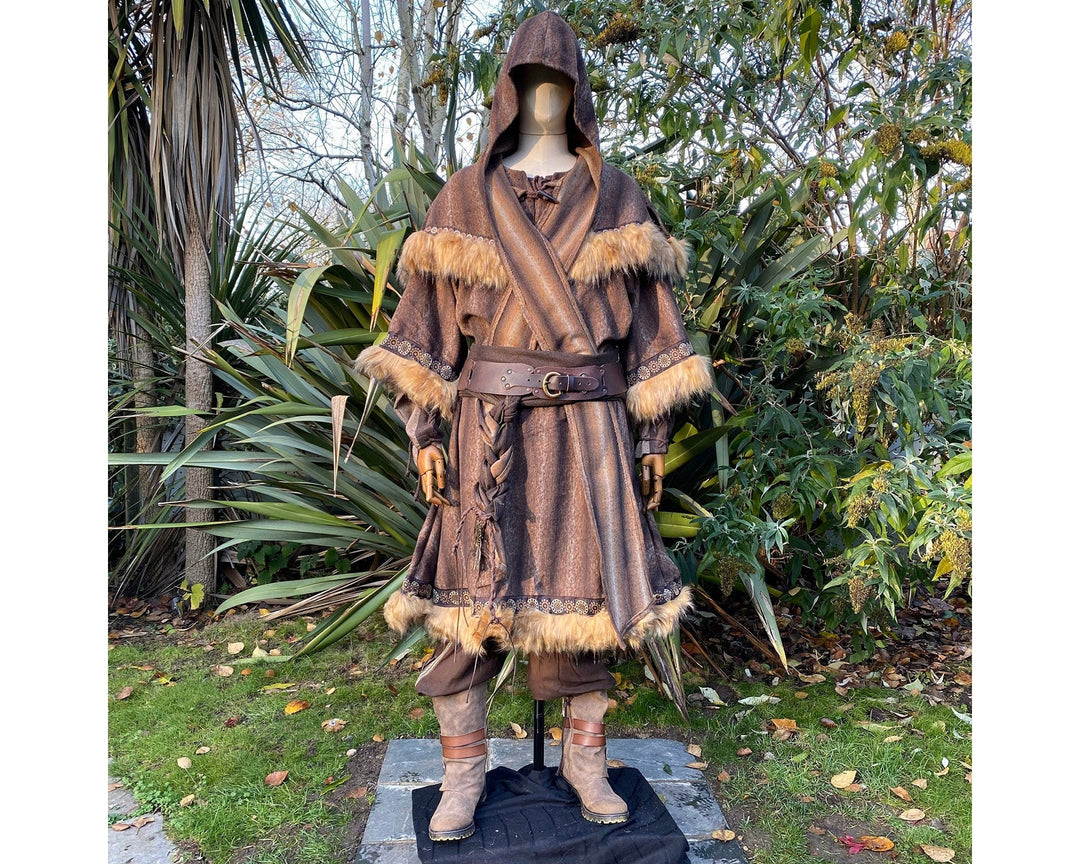 Mountain Warrior LARP Outfit - 3 Pieces; Faux Fur Trimmed Tunic, Mohair Hood, Sash - Chows Emporium Ltd