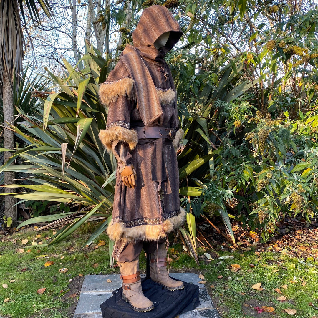 Mountain Warrior LARP Outfit - 3 Pieces; Faux Fur Trimmed Tunic, Mohair Hood, Sash - Chows Emporium Ltd