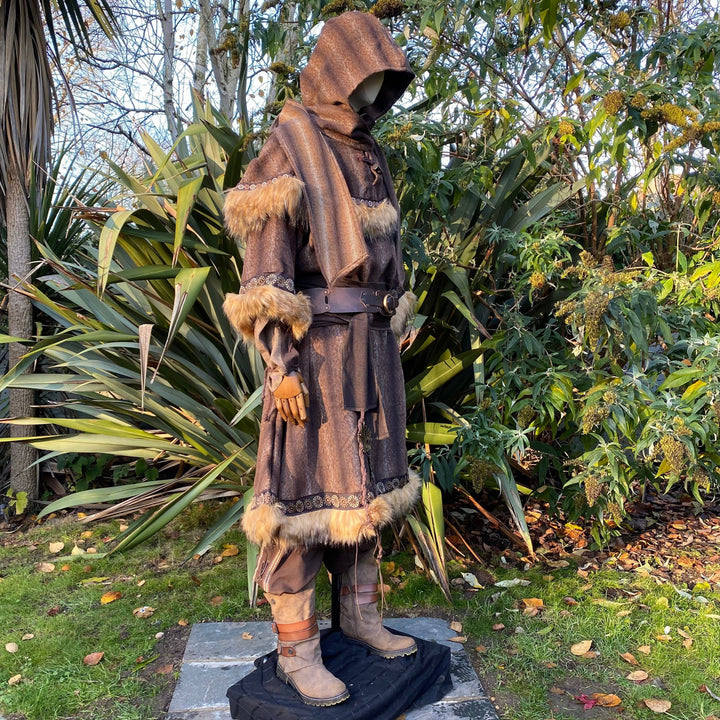 Mountain Warrior LARP Outfit - 3 Pieces; Faux Fur Trimmed Tunic, Mohair Hood, Sash - Chows Emporium Ltd