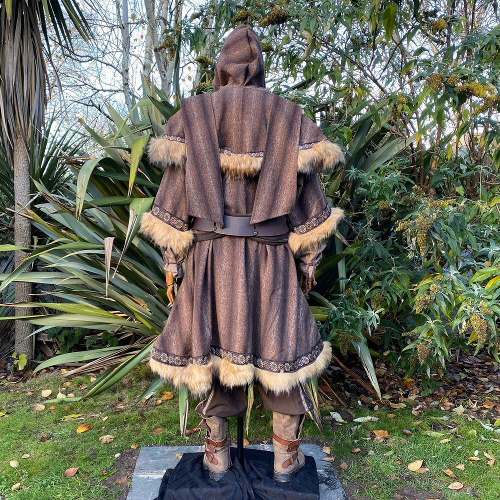 Mountain Warrior LARP Outfit - 3 Pieces; Faux Fur Trimmed Tunic, Mohair Hood, Sash - Chows Emporium Ltd