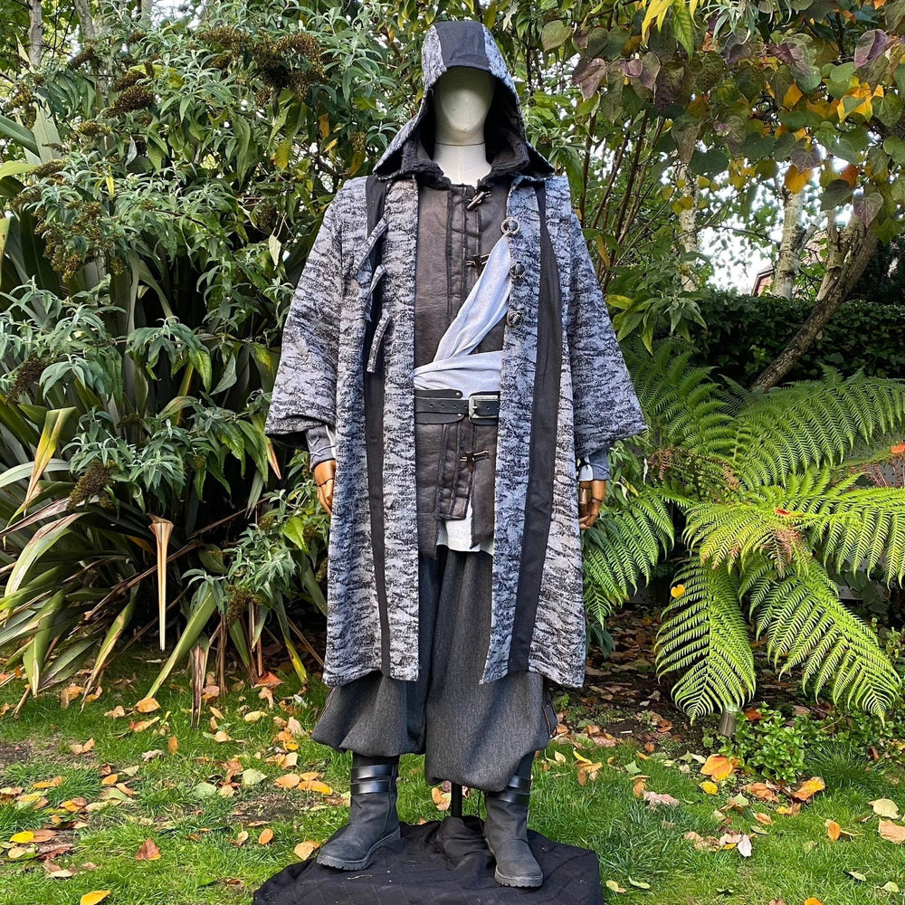 Front view of hooded grey and black LARP robe, medieval fantasy cosplay costume for mages, warriors, or adventurers.