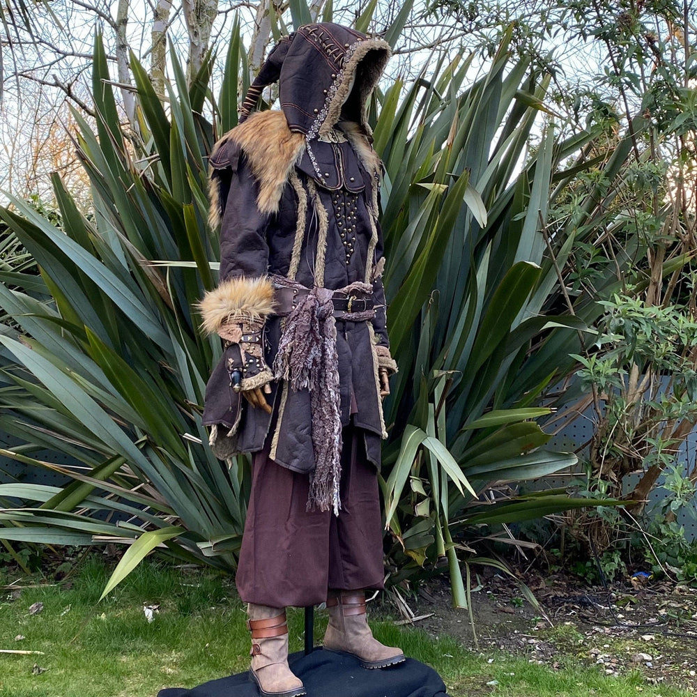 Battle Master LARP Outfit - 5 Pieces; Brown Ornate Jacket, Hood & Vambraces, Shirt, Pants - Chows Emporium Ltd