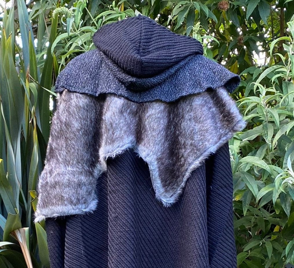 Viking Warrior LARP Outfit - 2 Pieces; Grey Faux Fur Mantle, Wrap Around Hood - Chows Emporium Ltd