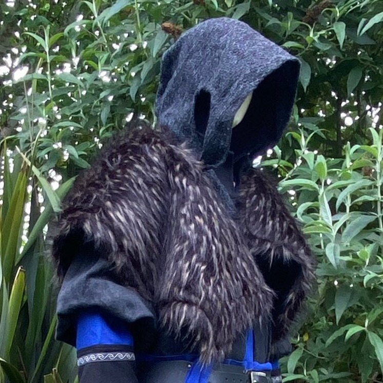 Viking Warrior LARP Outfit - 2 Pieces; Black Faux Fur Mantle, Wrap Around Hood - Chows Emporium Ltd