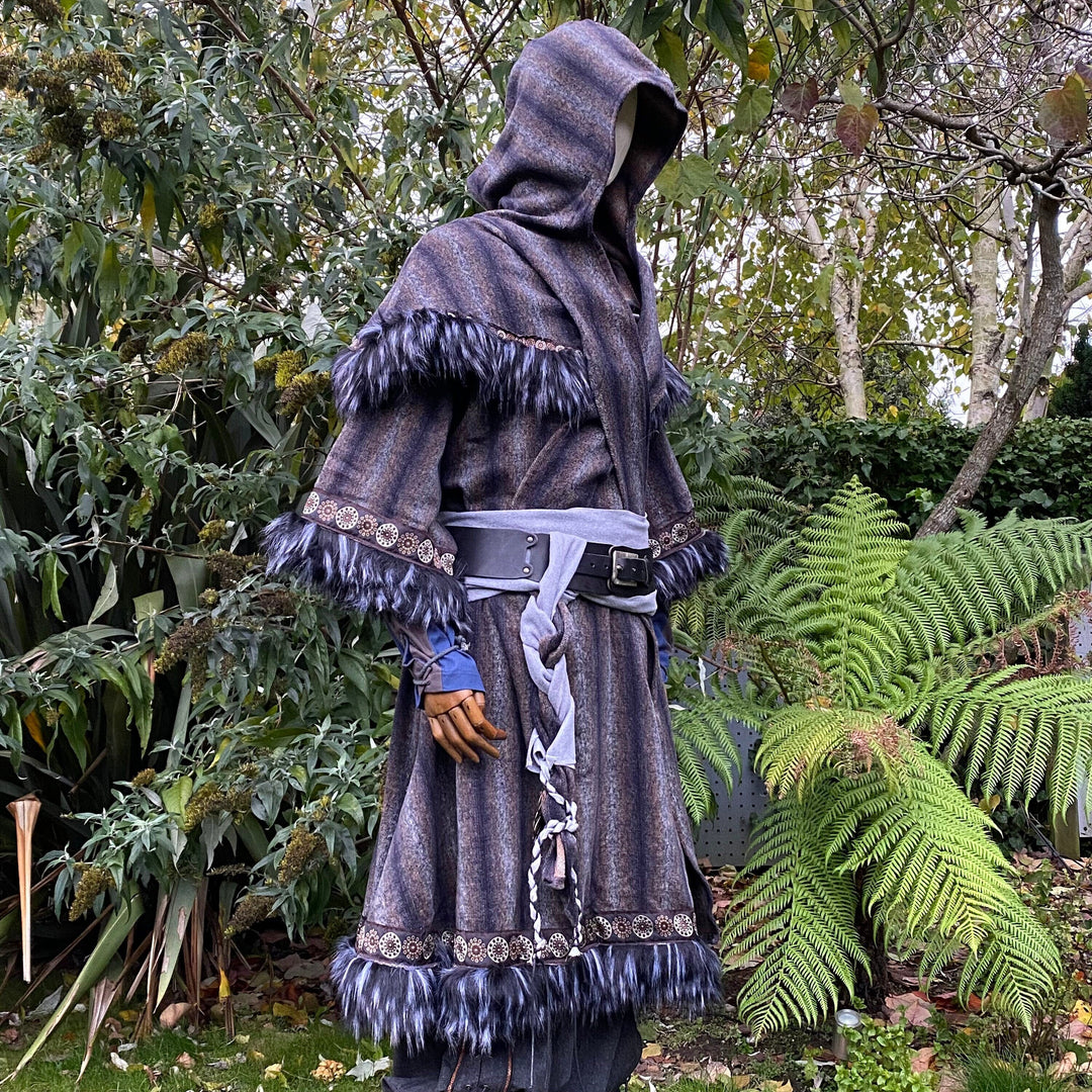 Arcane Warrior LARP Outfit - 3 Pieces; Blue & Grey Tunic, Mohair Hood, Sash - Chows Emporium Ltd