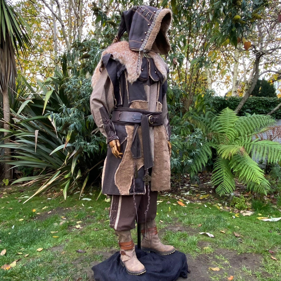 Barbarian Berserker LARP Outfit - 4 Piece; Faux Leather Hood, Waistcoat, Shirt & Sash - Chows Emporium Ltd