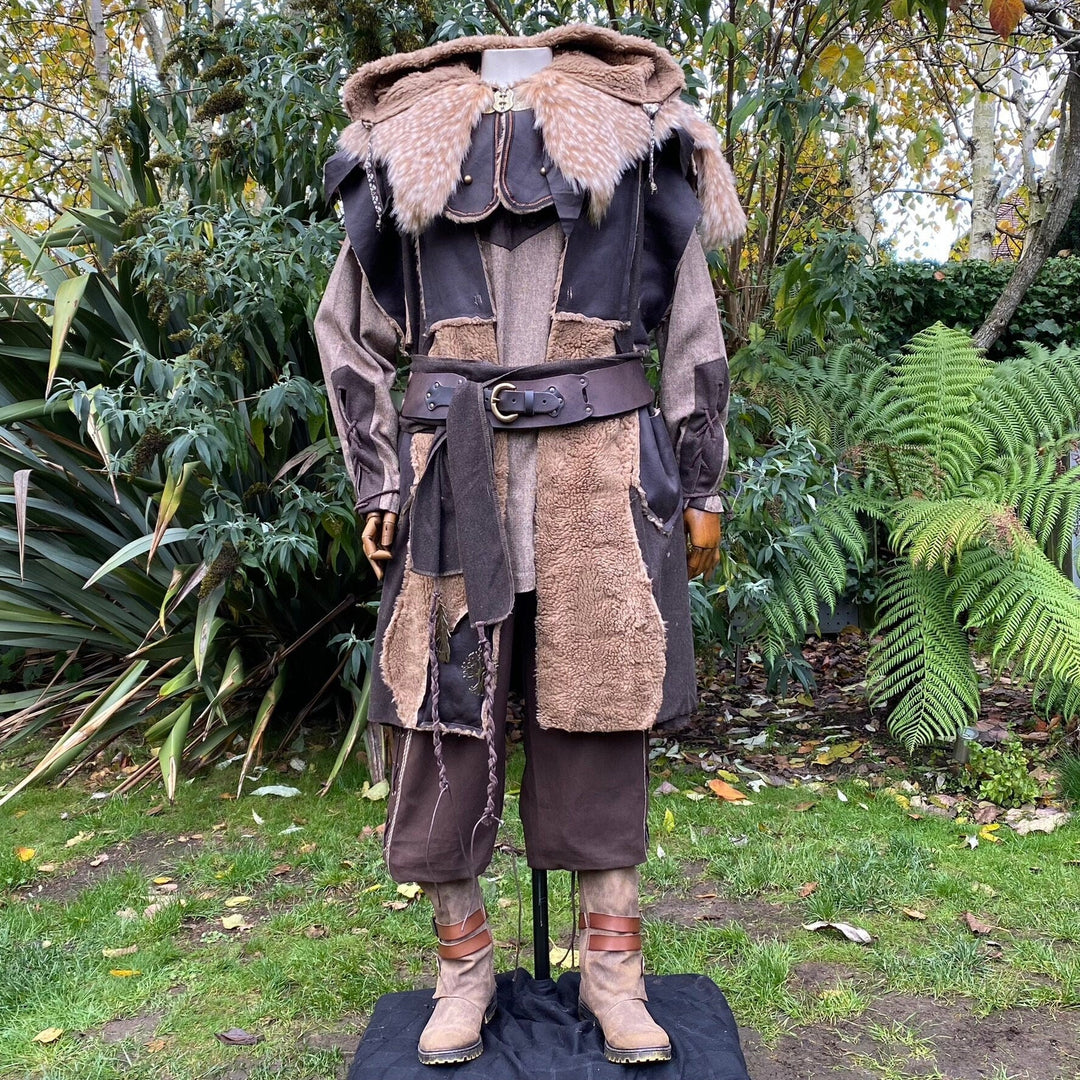 Barbarian Berserker LARP Outfit - 4 Piece; Faux Leather Hood, Waistcoat, Shirt & Sash - Chows Emporium Ltd