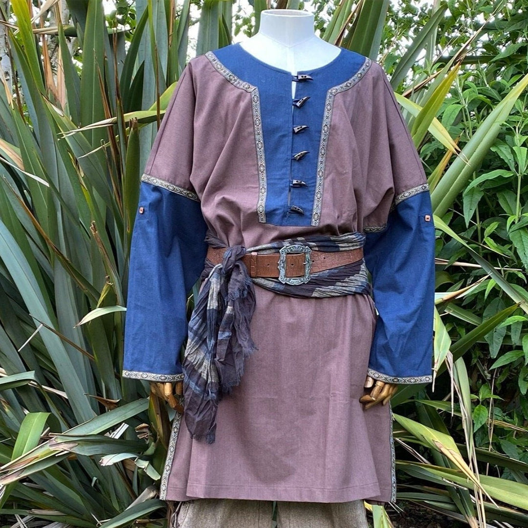 LARP Viking Tunic with Buttons - Two Tone Brown & Blue - Linen Cotton Mixture - Chows Emporium Ltd