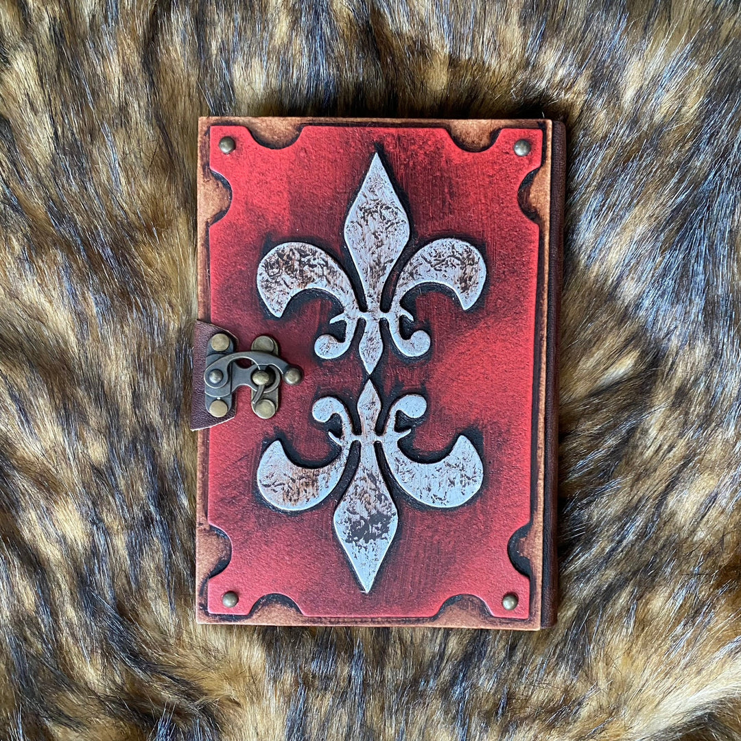 Leather Bound Journal with Metal Clasp and Fleur-de-lis Symbol - Red A5 Note Book - Chows Emporium Ltd