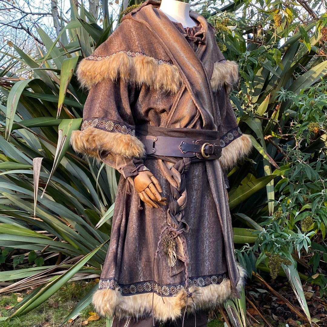 Mountain Warrior LARP Outfit - 3 Pieces; Faux Fur Trimmed Tunic, Mohair Hood, Sash - Chows Emporium Ltd