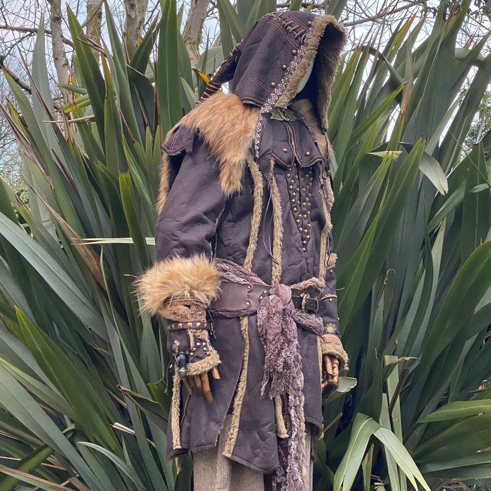 Battle Master LARP Outfit - 3 Pieces; Jacket, Ornate Hood, Vambraces - Brown Faux Leather Fleece Lined - Chows Emporium Ltd