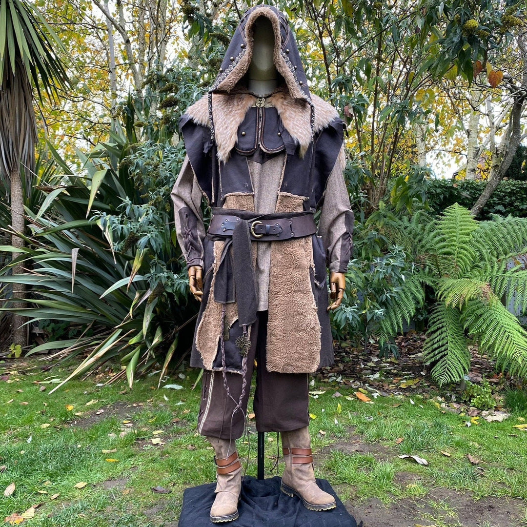 Barbarian Berserker LARP Outfit - 4 Piece; Faux Leather Hood, Waistcoat, Shirt & Sash - Chows Emporium Ltd