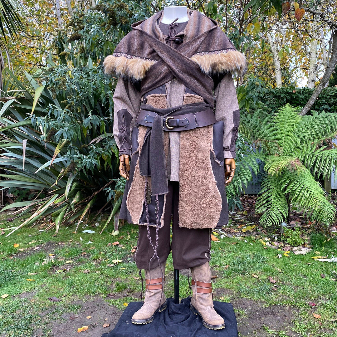 Barbarian Fighter LARP Outfit - 3 Piece Set Brown; Waistcoat, Faux Fur Trimmed Hood, Sash - Chows Emporium Ltd