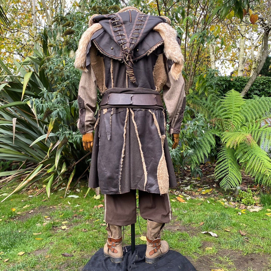 Barbarian Berserker LARP Outfit - 4 Piece; Faux Leather Hood, Waistcoat, Shirt & Sash - Chows Emporium Ltd