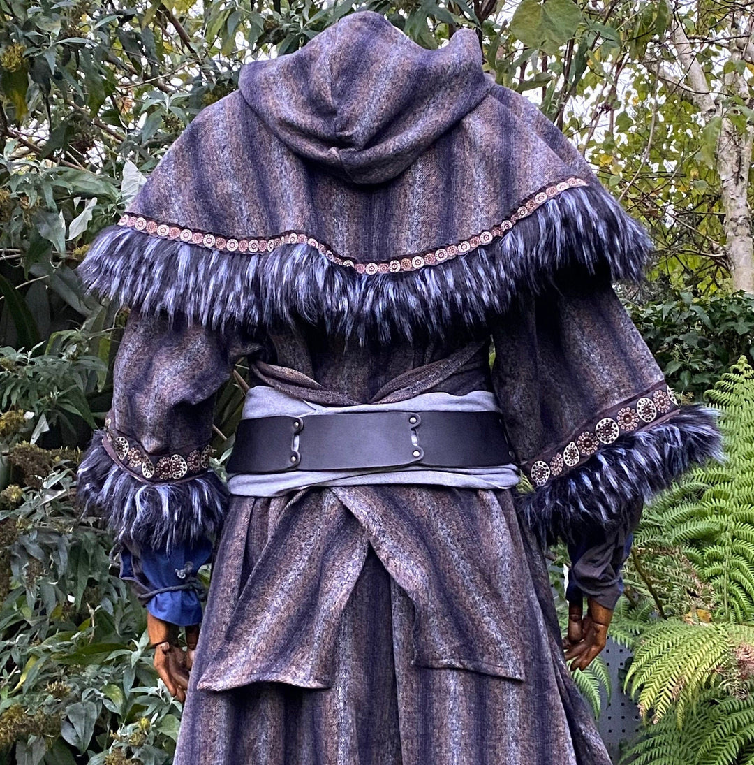 This LARP Hood in Blue & Grey Moahir Wool has Faux Fur Trimming in Black & Grey with Braiding. This Viking Hood is Water Resistant towards rain. The Medieval Hood covers your shoulders and provides warmth. Perfect for your LARP Character and LARP Costume, Cosplay Event, and Ren Faire.
