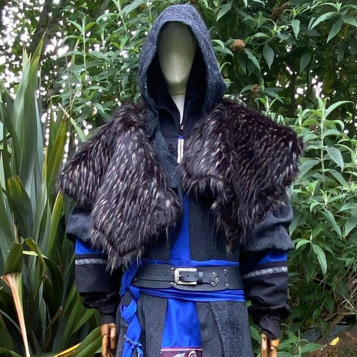 Viking Warrior LARP Outfit - 2 Pieces; Black Faux Fur Mantle, Wrap Around Hood - Chows Emporium Ltd