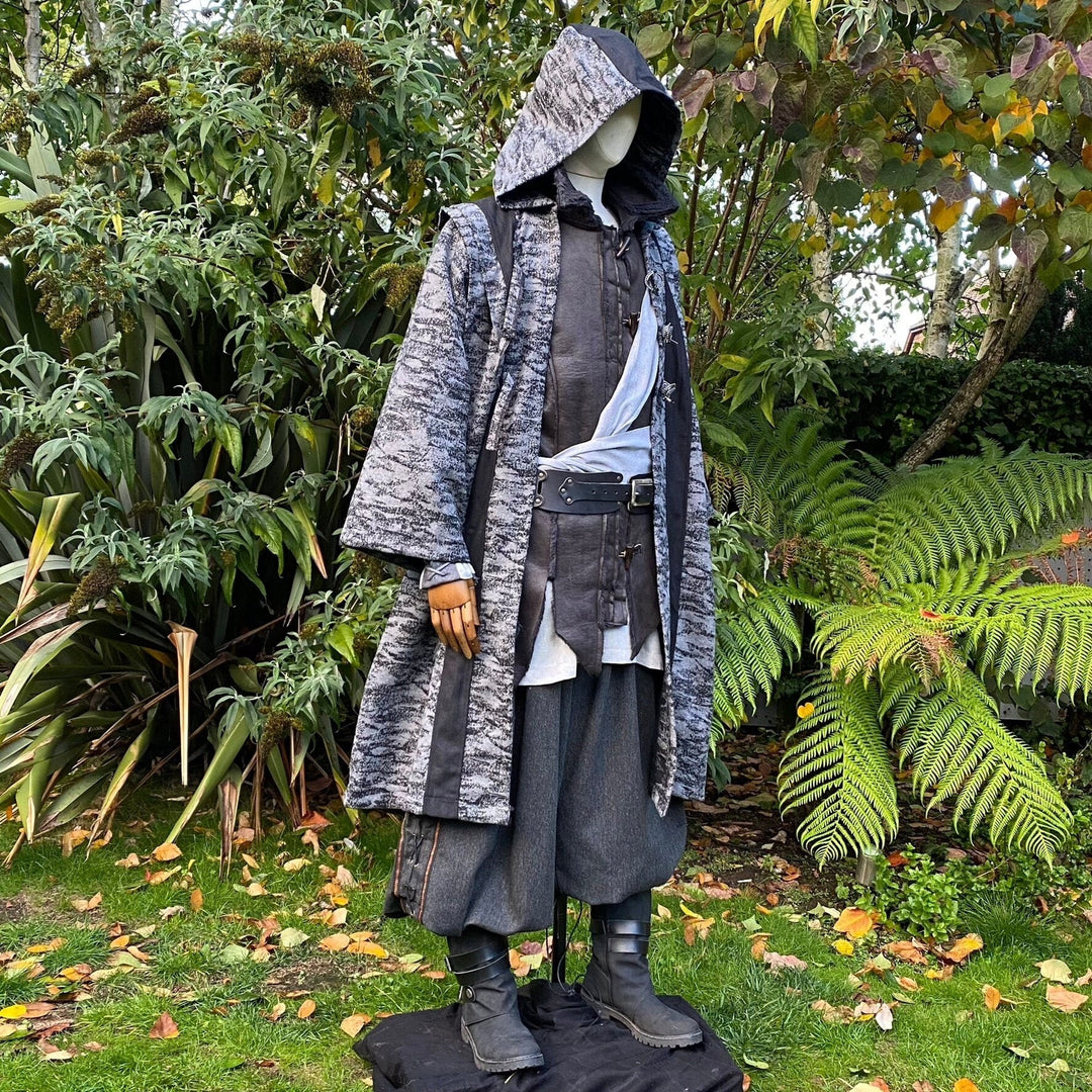 Angled front view of grey and black medieval LARP robe, fantasy cosplay costume with hood and red sash detail.