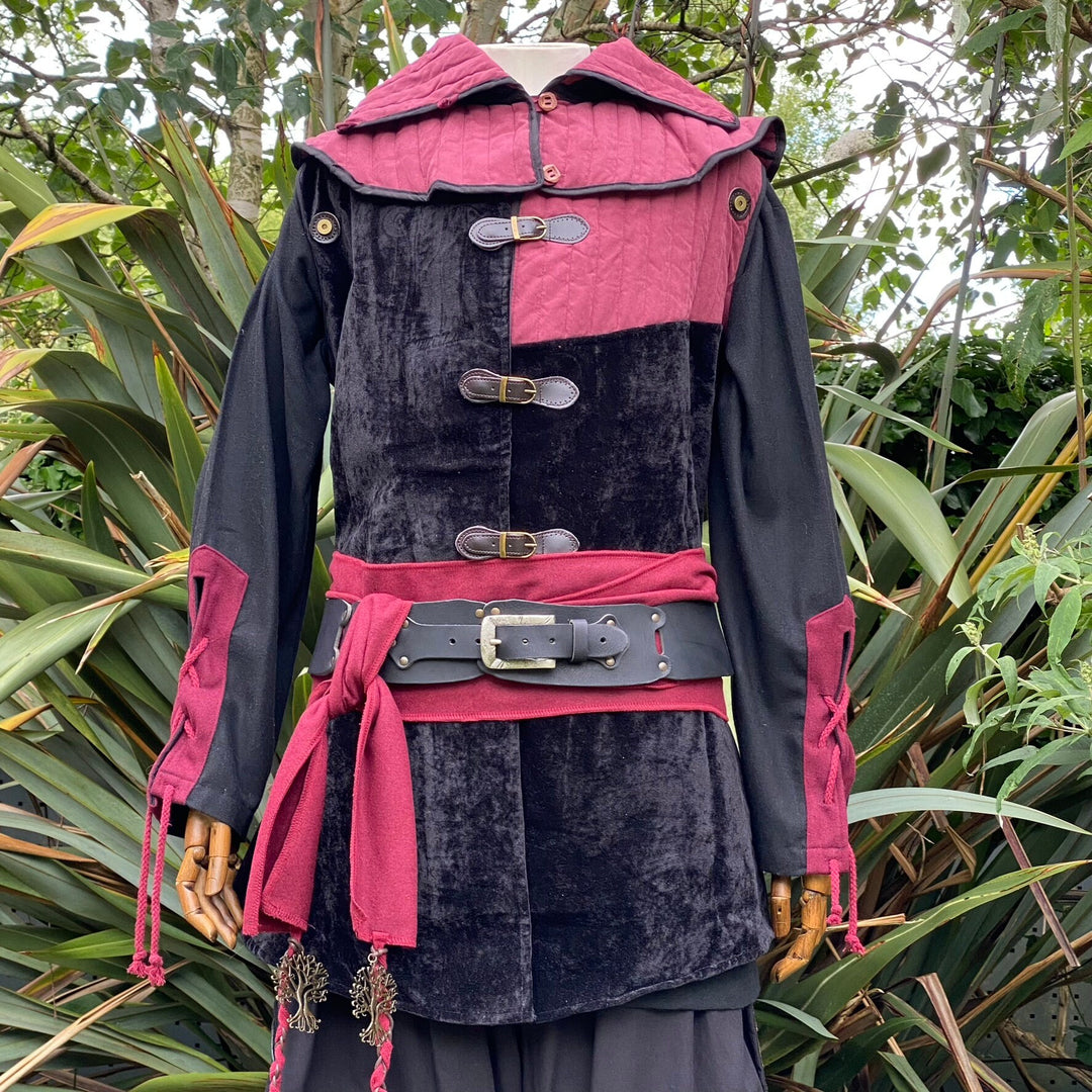 Medieval LARP Costume Set. Gambeson Hood and Jacket with removable sleeves. Outfit for Renaissance Faire, Cosplay, Fantasy, and Roleplay Events. Made from Red and Black Suede Effect, Cotton,  Metal Buckles and Magnetic Poppers. Front Hood Down with red sash and black belt.