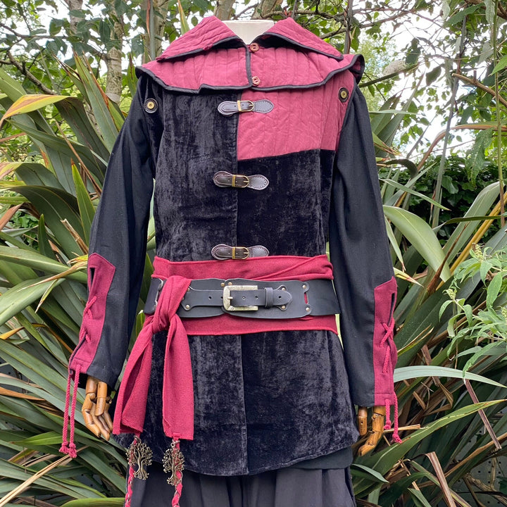 Medieval LARP Costume Set. Gambeson Hood and Jacket with removable sleeves. Outfit for Renaissance Faire, Cosplay, Fantasy, and Roleplay Events. Made from Red and Black Suede Effect, Cotton,  Metal Buckles and Magnetic Poppers. Front Hood Down with red sash and black belt.