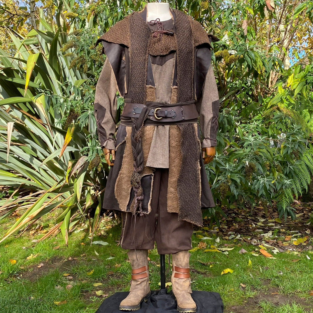 Woodland Archer LARP Outfit - 6 Pieces; Patchwork Waistcoat, Hood, Shirt, Trousers, Sash, Hat - Chows Emporium Ltd