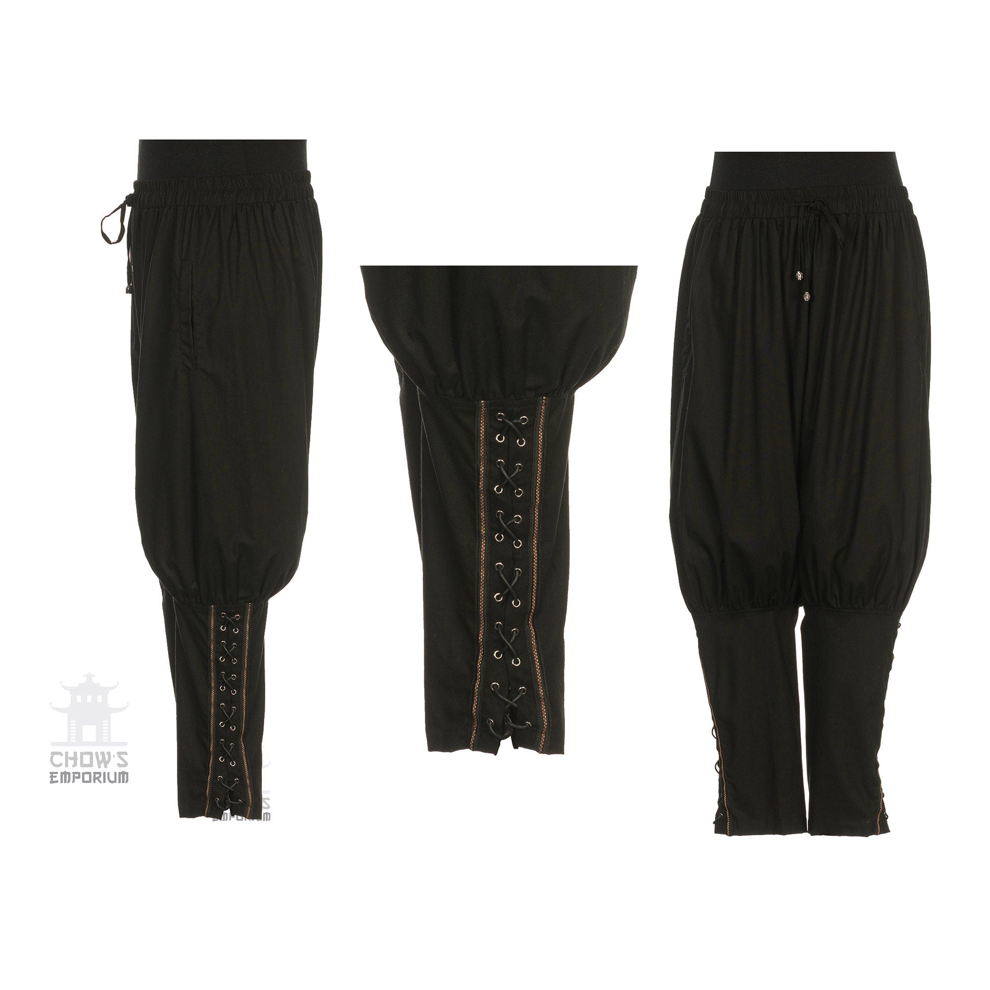 Medieval Celtic Viking Pants, Black Cotton with Braiding Trousers for