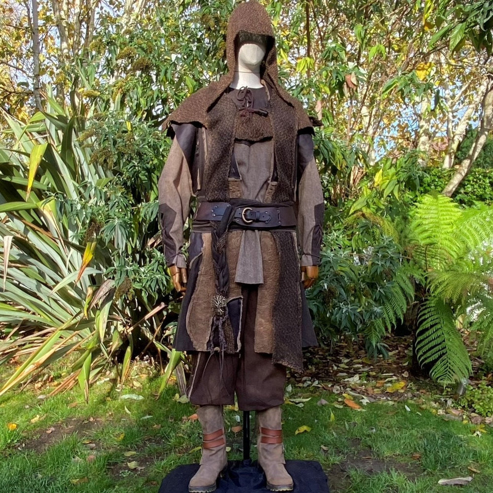 Woodland Archer LARP Outfit - 6 Pieces; Patchwork Waistcoat, Hood, Shirt, Trousers, Sash, Hat - Chows Emporium Ltd