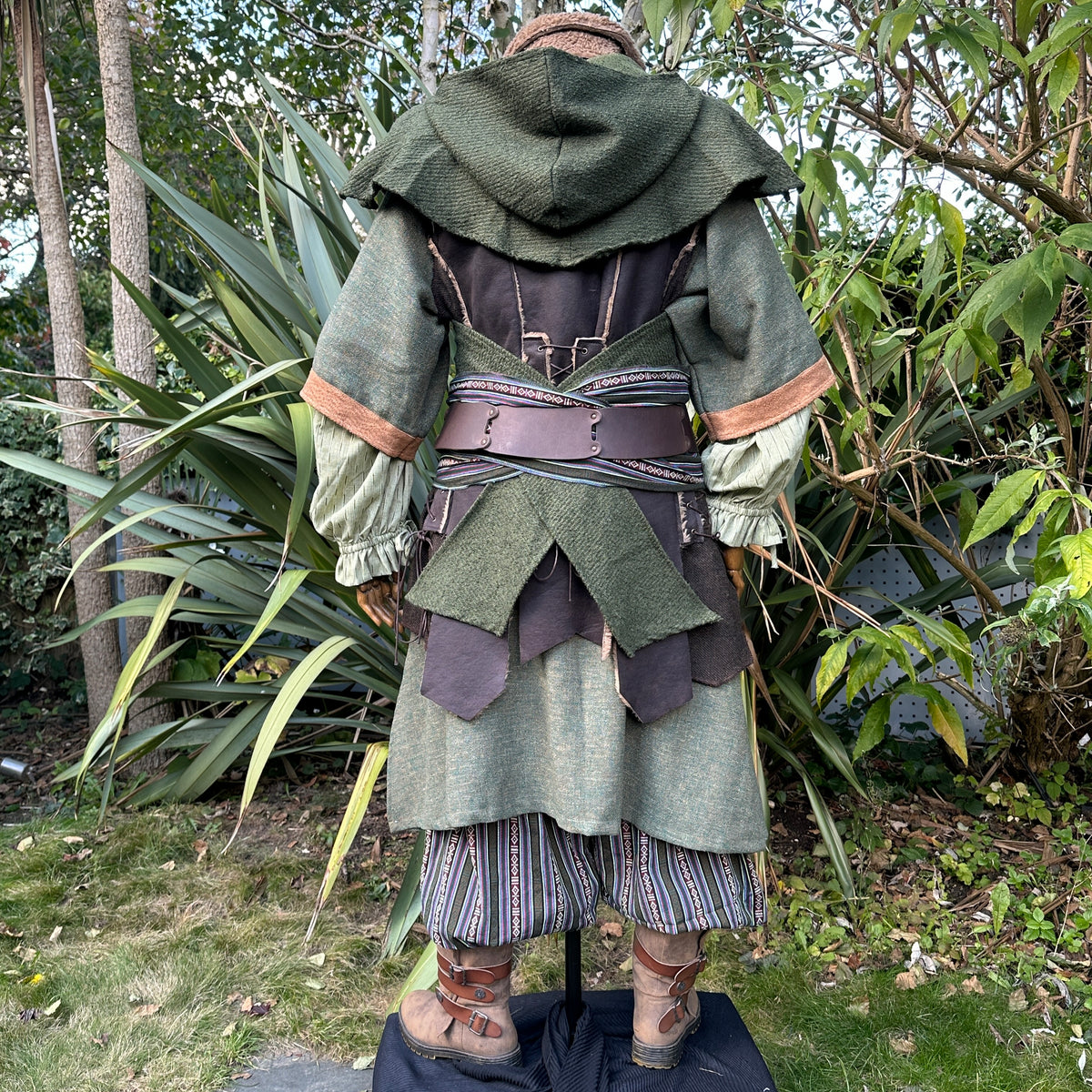 Green wool LARP hooded scarf in a medieval style, shown from the back.