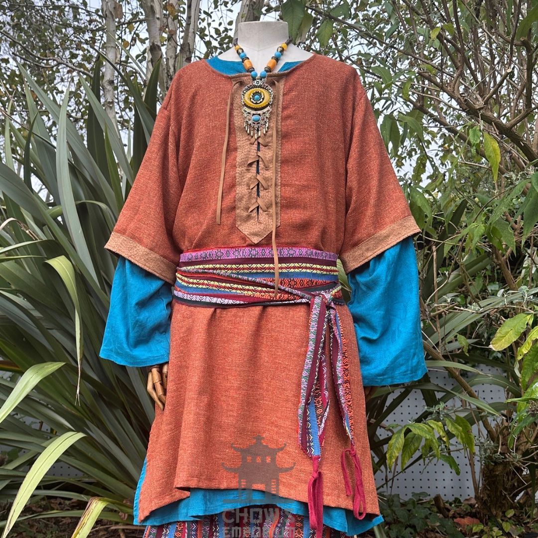 Rustic red tunic and sash with blue sleeves, ideal for medieval LARP.
