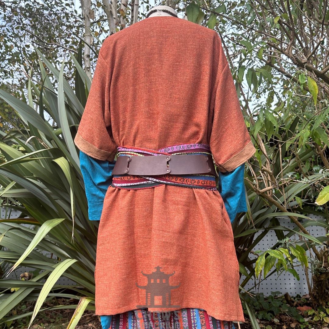 Brown and blue LARP robe with sash, back view, medieval style, textured fabric.