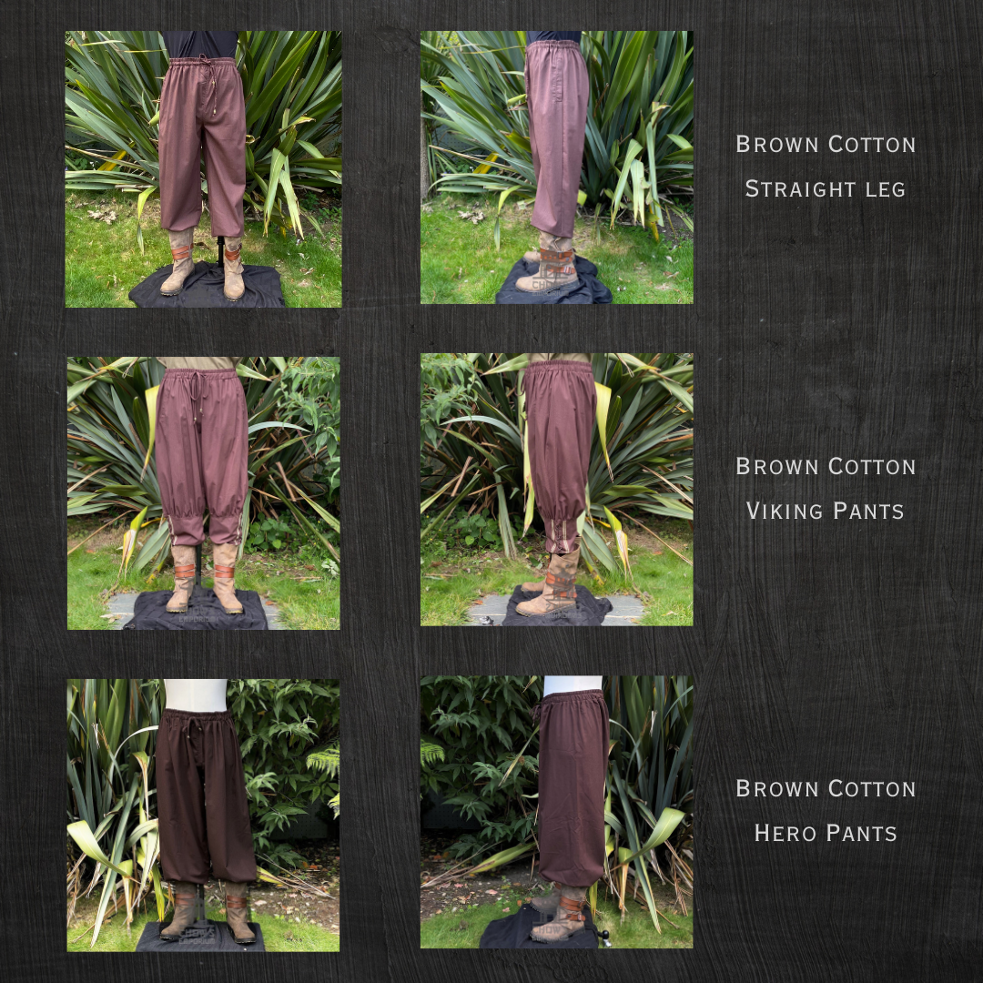 Brown cotton medieval LARP pants, side and front view.