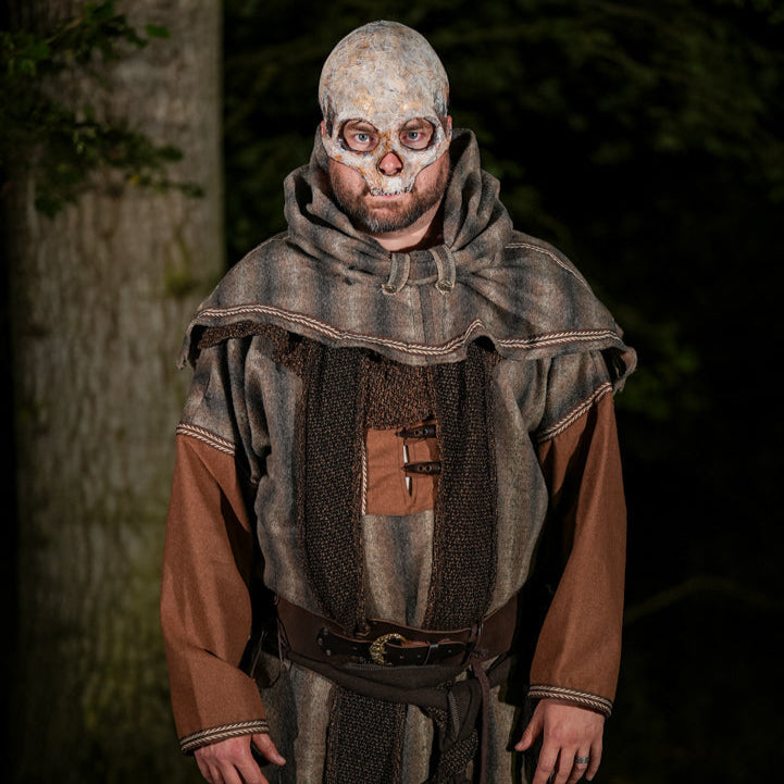 Brown and grey mohair LARP snood hood, front view, medieval style garment.