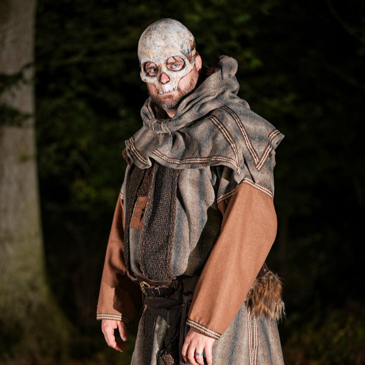 Brown and grey mohair snood hood for LARP, front view in forest setting.