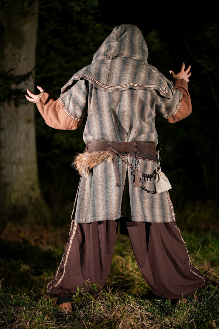 Brown and grey medieval mohair snood hood from the back view.