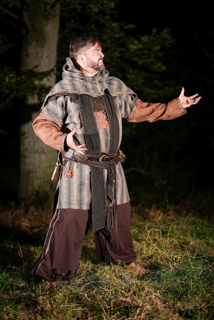 Brown and grey mohair snood hood in LARP medieval style, front view.