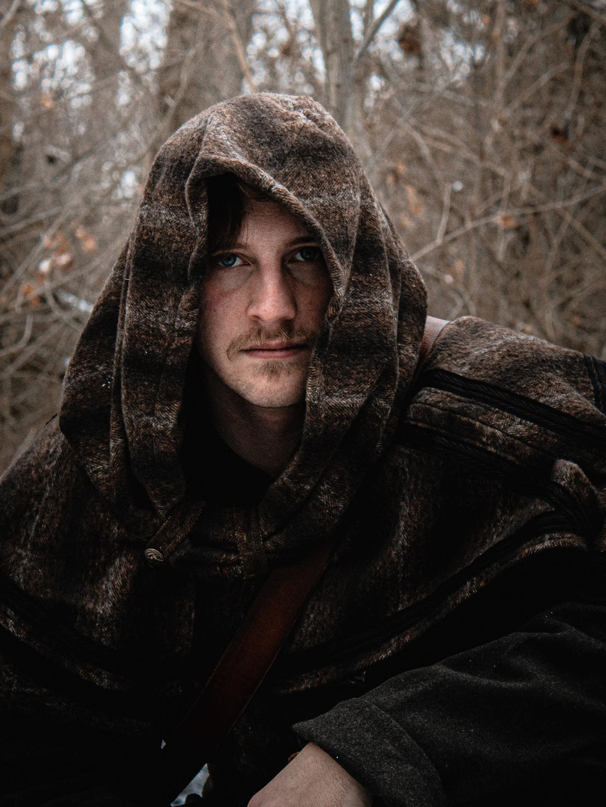 Brown mohair snood hood for LARP, front view, medieval style.