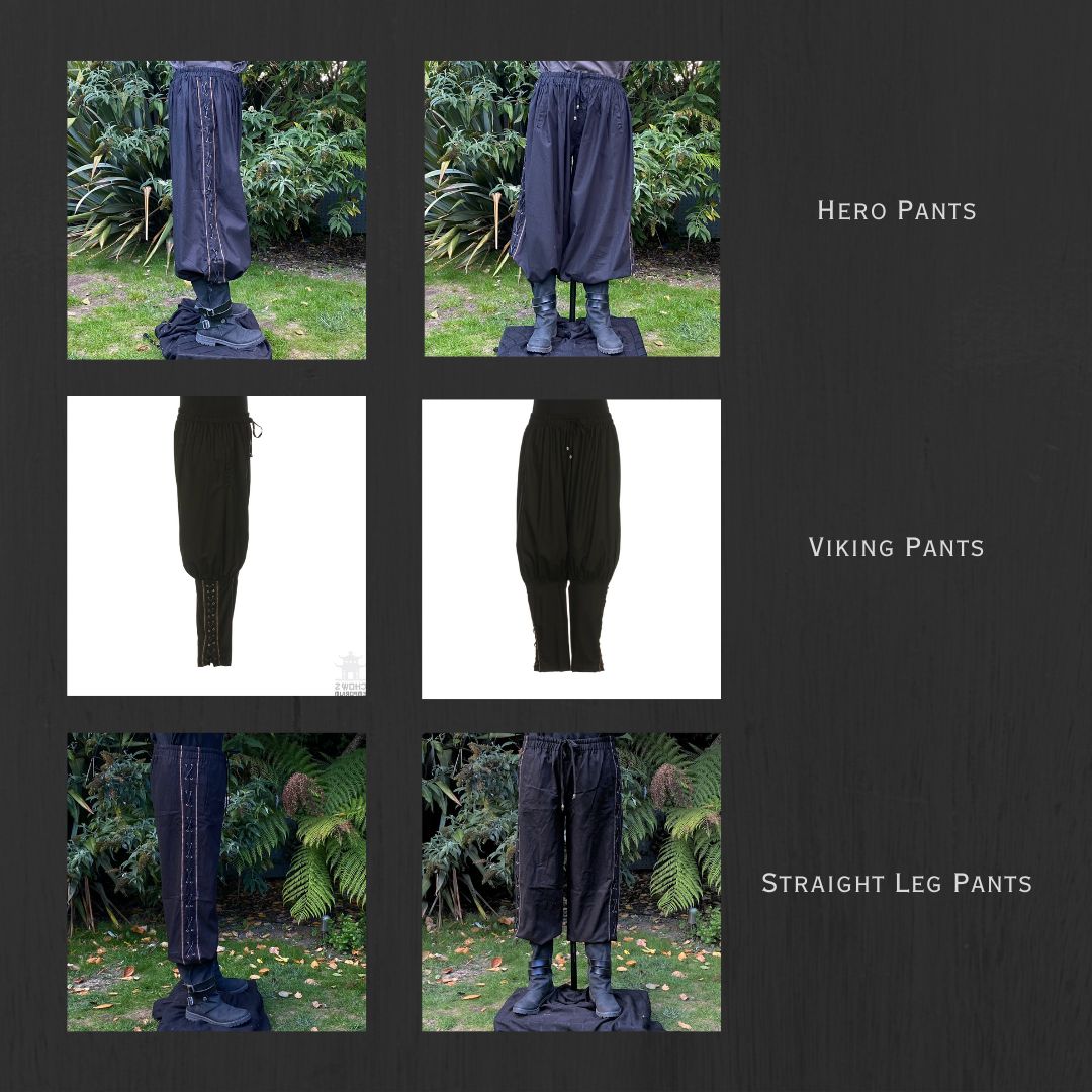 LARP medieval Viking pants, side view with lace-up detail and greenery backdrop.
