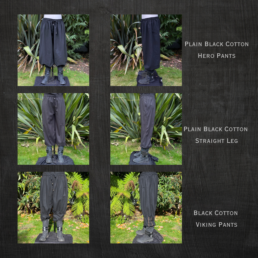 Black cotton LARP trousers, various styles and angles.