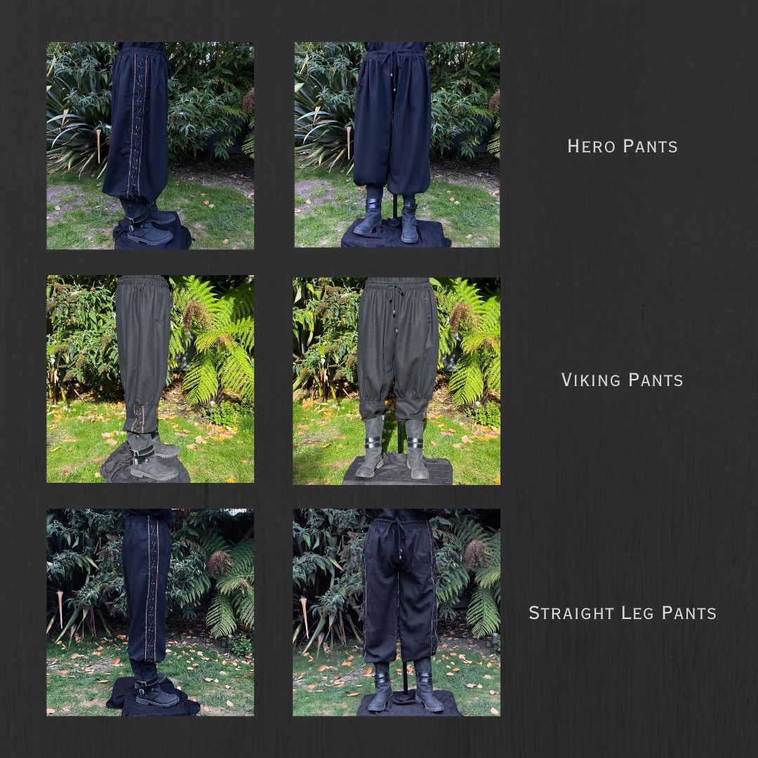 Side view of black medieval LARP pants with decorative seams.