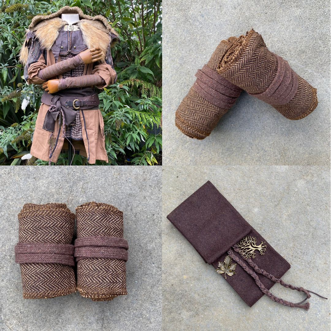 Set of Medieval LARPing Arm Wraps, Leg Wraps, and Decorative LARP sash. They are coloured Brown and made out of a Herringbone Wool mixture which are used to keep sleeves and trousers out of the way and you warm. These Viking Arm & Leg Wraps, and Sash are perfect for your LARP character, Cosplay event, or Ren Faire. 