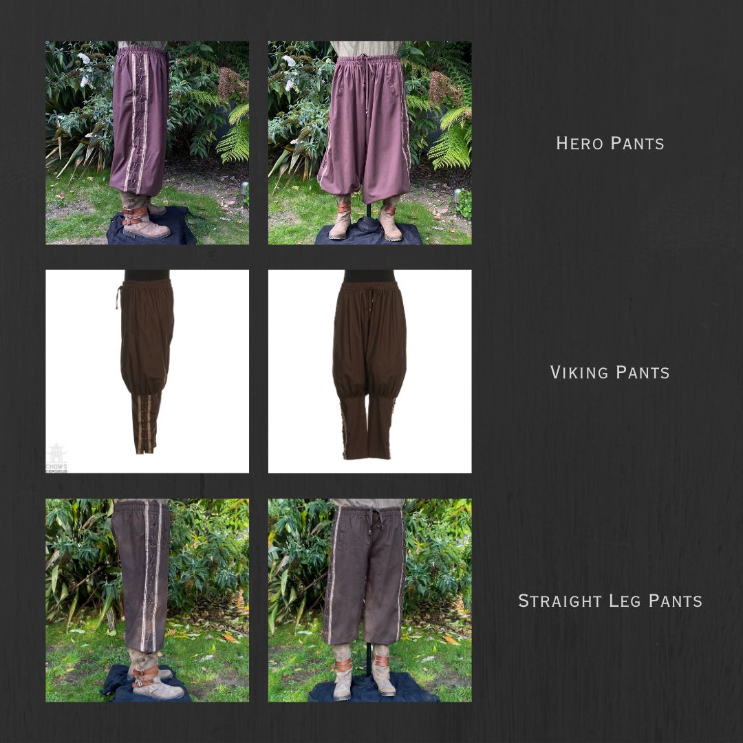 Hero Pants: Purple medieval trousers, front and side view.