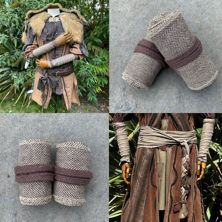 Set of Medieval LARPing Arm Wraps, Leg Wraps, and Decorative LARP sash. They are coloured Light Brown, made out of a Herringbone Wool mixture which is used to keep sleeves and trousers out of the way and you warm. These Viking Arm & Leg Wraps, and Sash are perfect for your LARP character, Cosplay event, or Ren Faire. 