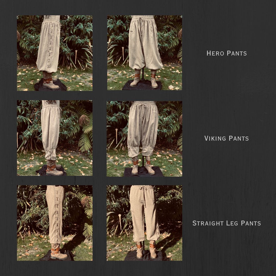 LARP pants styles: side view detail of Hero, Viking, Straight Leg medieval wear.