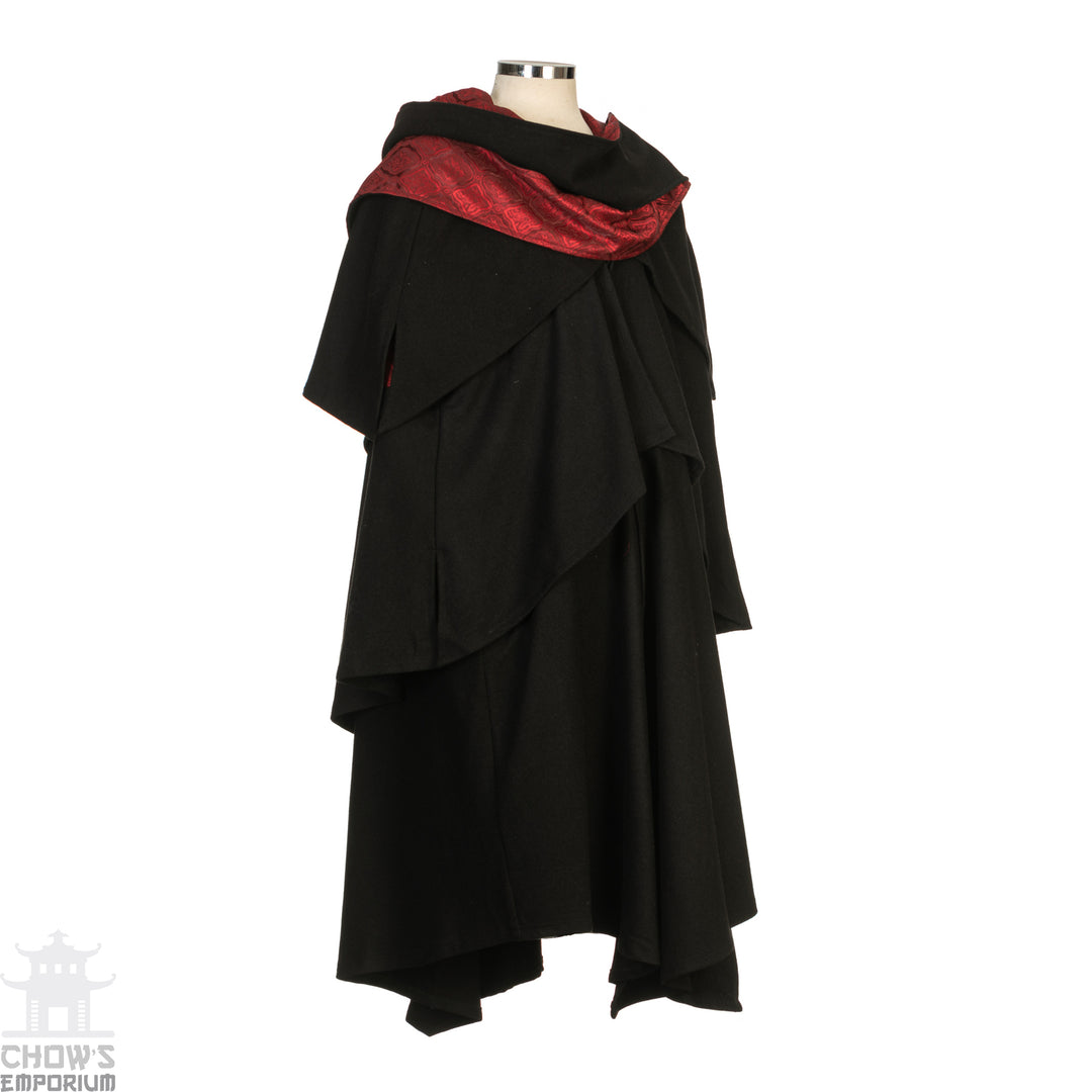 Necromancer Cloak - 3 Layered Woollen Cloak in Black with Elaborate Red Lining - Chows Emporium Ltd