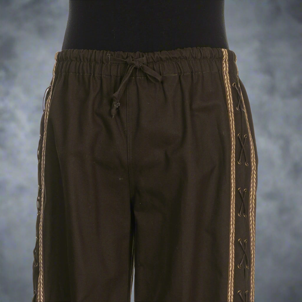braiding trim detail on cotton medieval straight-leg pants.