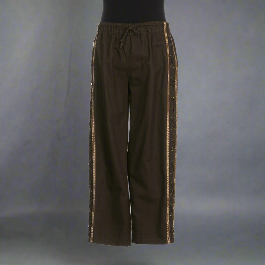 full view brown medieval pants with side braiding and lacing.