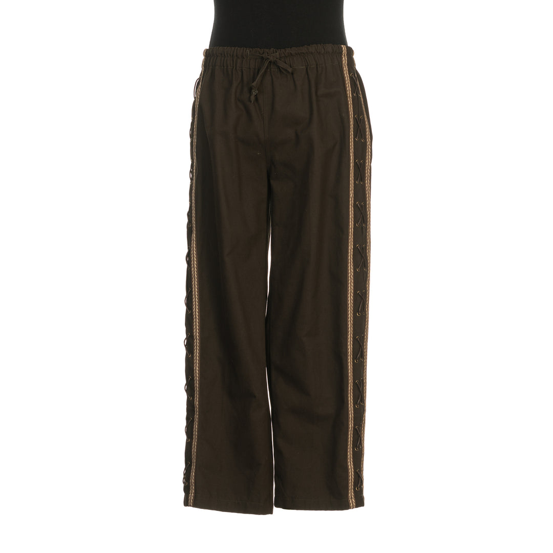 Medieval Straight Leg Pants - Brown Cotton Trousers with Side Lace and Braiding - Chows Emporium Ltd