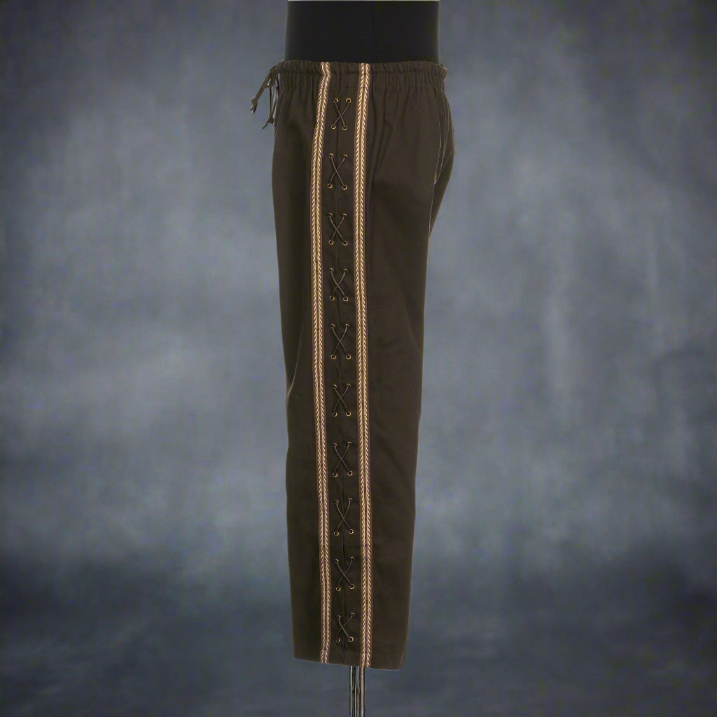 Side view of brown LARP pants with detailed lace on the seam.