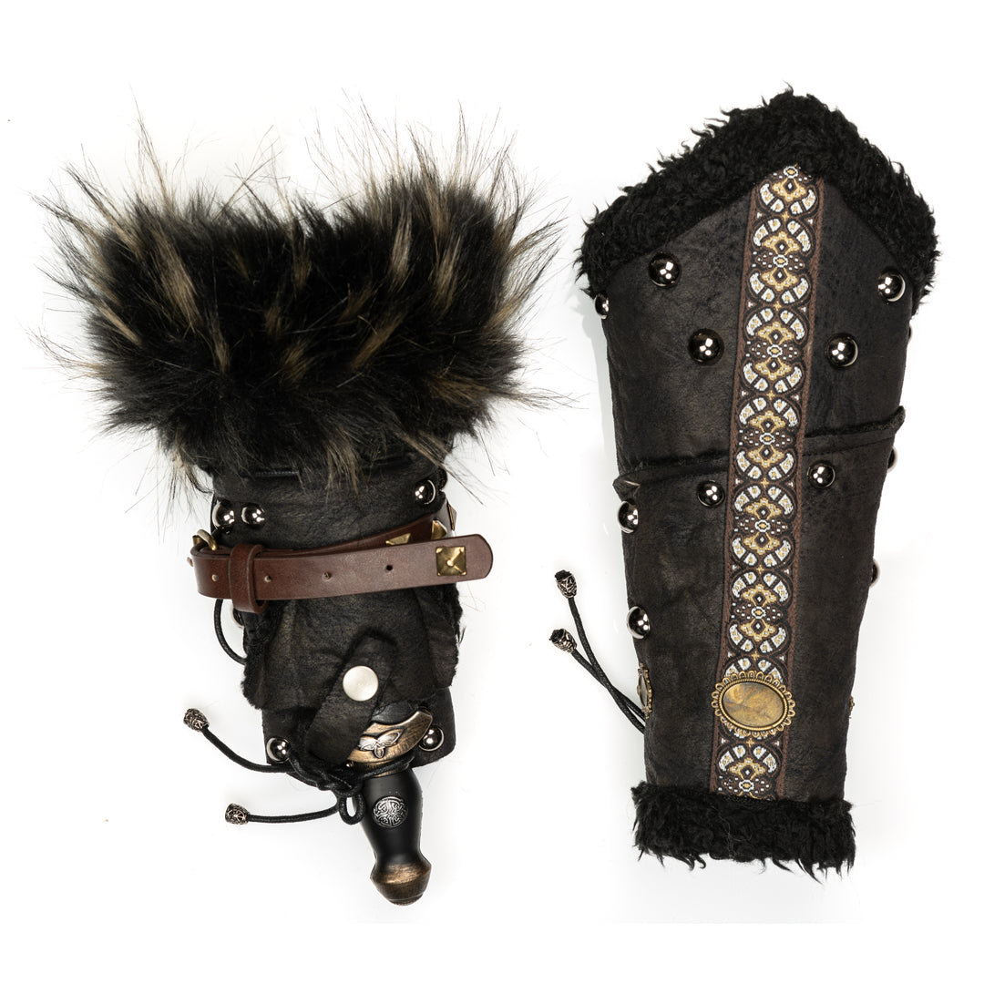 LARP medieval vambraces, brown faux leather, fur trim, ornate design, top view.